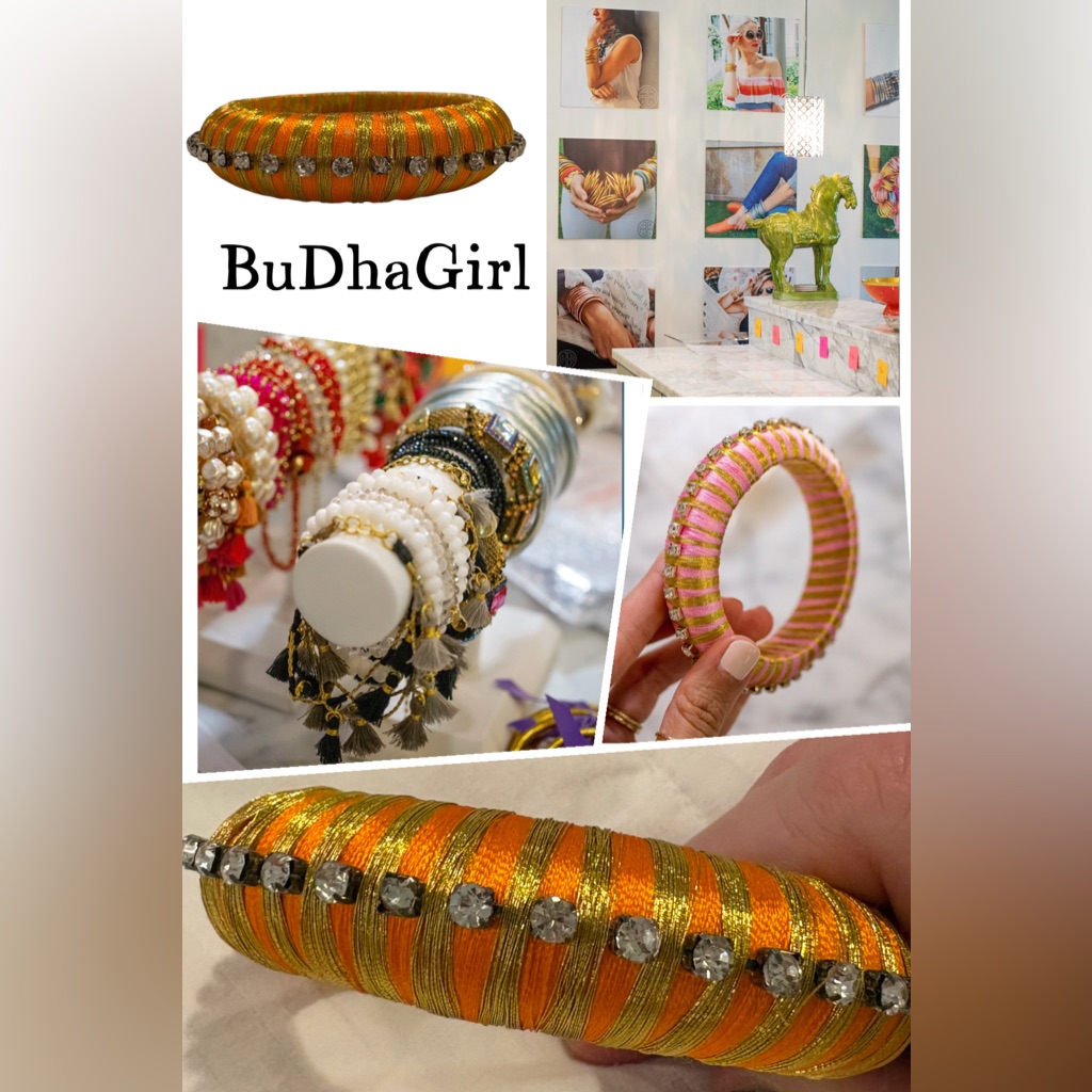 Rare Budhagirl Orange Silk Thread & Rhinestone Bangle Euc